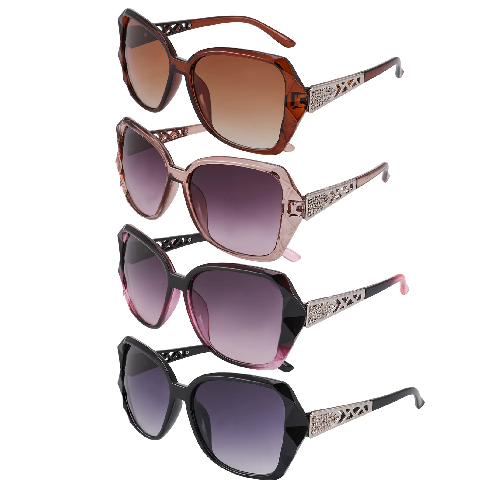 DragonflyDreams 4 Pcs Women Large Sunglasses, UV 400 Glasses Oversized Classic Trend Ladies Sunglasses Sparkling Large Frame Multicolor
