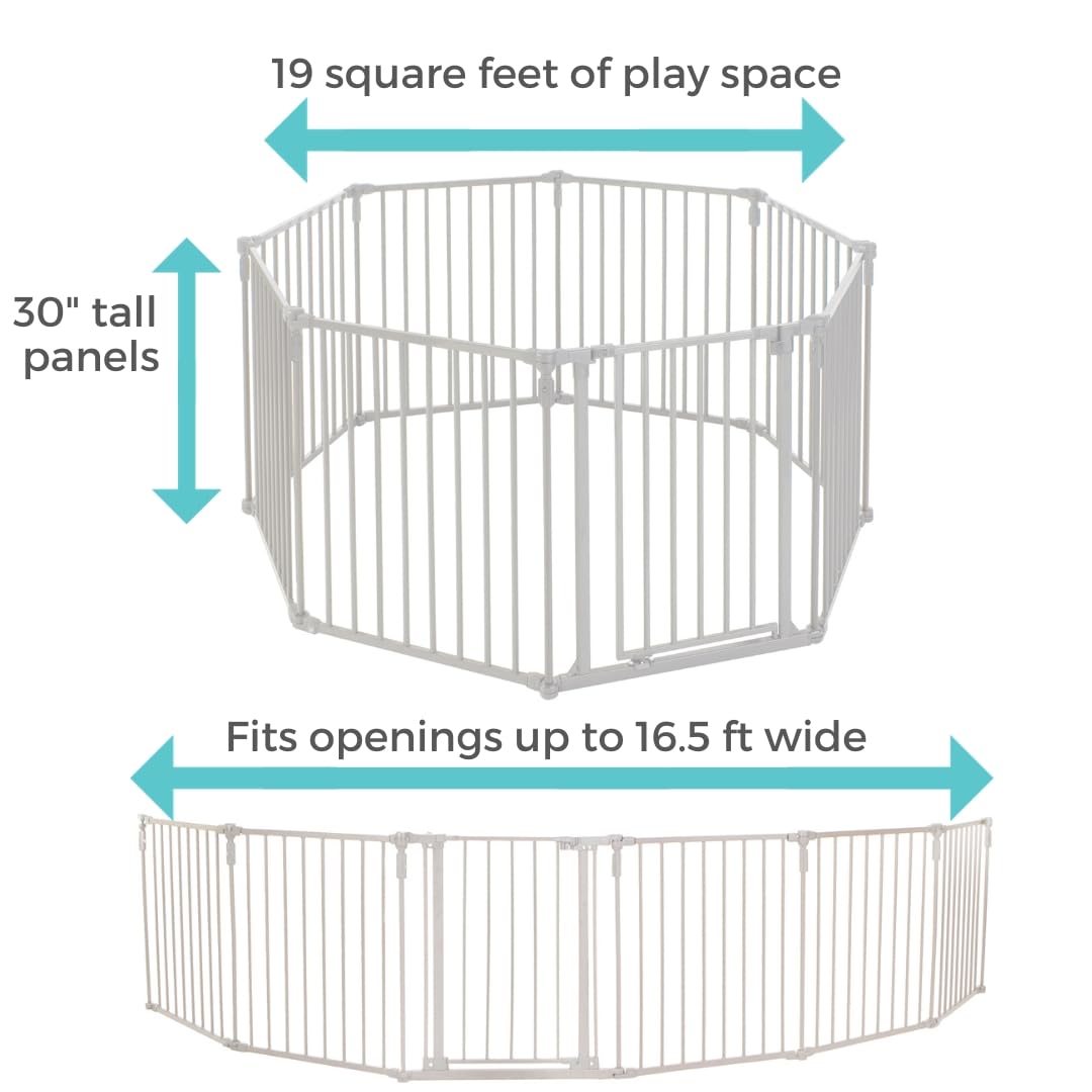 Toddleroo by North States 3 in 1 Metal Superyard 8 Panel Play Yard, Baby Gate, Playpen or Extra Wide Baby Fence, 199" Wide. Wall Mount Kit Included. 19 sq ft play yard (30" tall, Taupe)