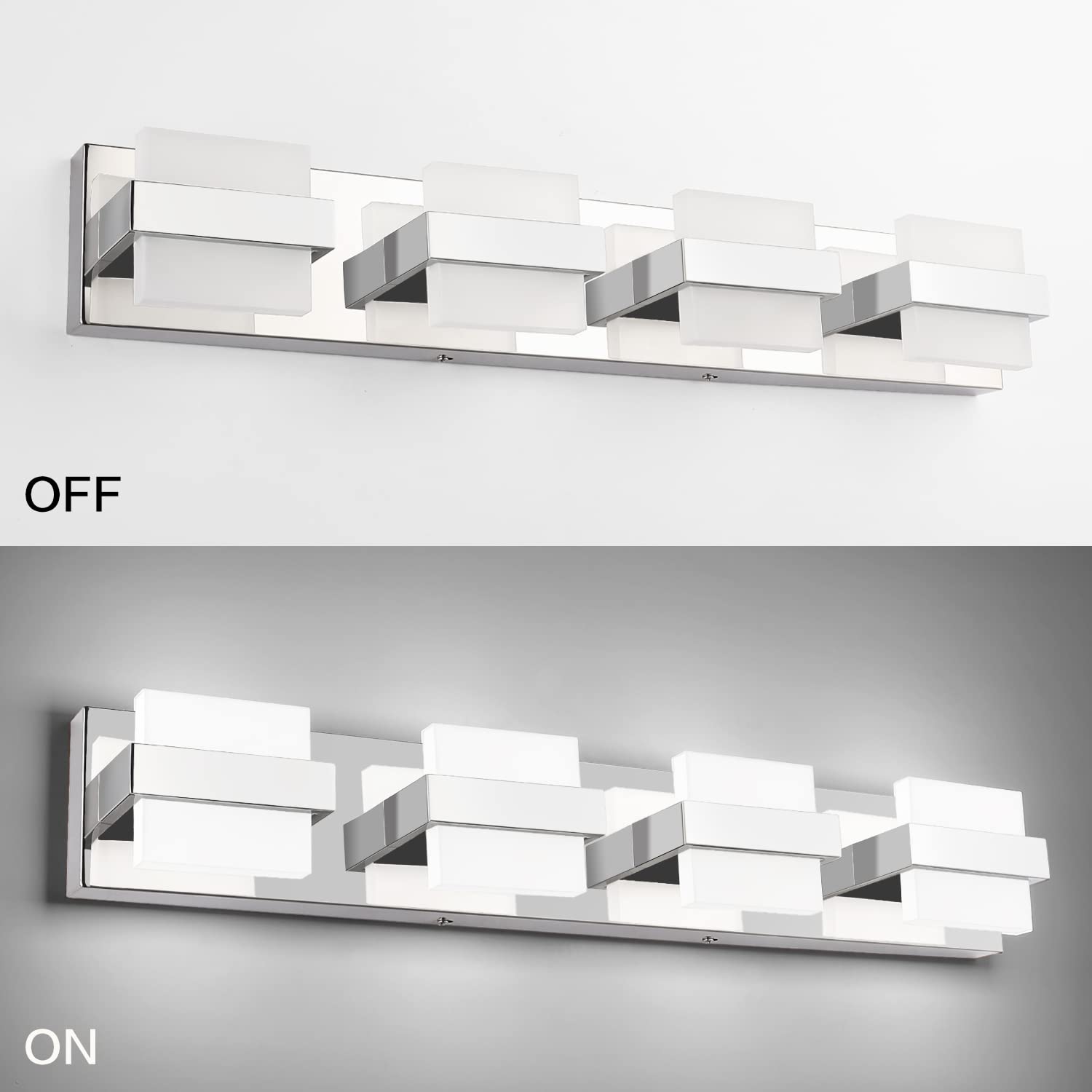 SOLFART 4 Lights Chrome Bathroom Light Fixtures Modern LED Bathroom Light Vanity Lights Over Mirror 27 inch White Light Dimmable