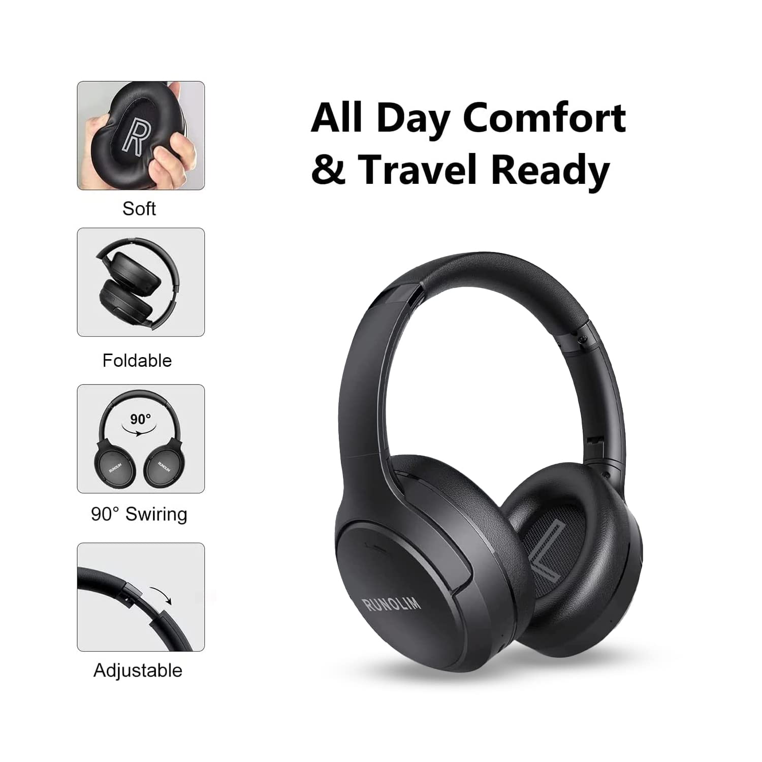 RUNOLIM Hybrid Active Noise Cancelling Headphones, Wireless Over Ear Bluetooth Headphones with Microphone, 70H Playtime, Foldable Headphones with HiFi Audio, Deep Bass for Home Travel Office