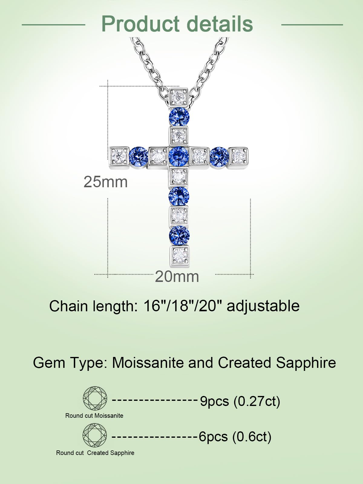 FWM Men Blue Cross Necklace 925 Sterling Silver Moissanite and Sapphire Cross Pendant for Women September Birthstone Gifts