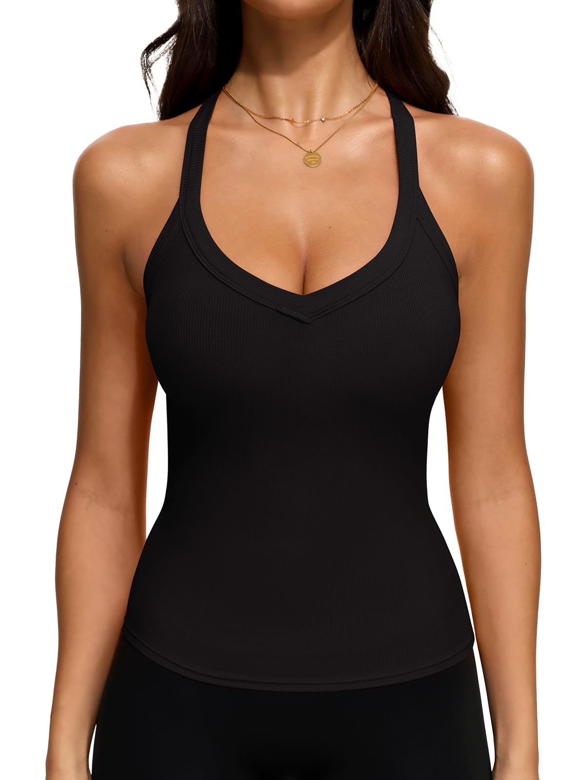 REORIA Womens Workout Tank Tops V Neck Racerback Going Out Crop 2025 Trendy Top Summer Sleeveless Ribbed Camisole Black Small