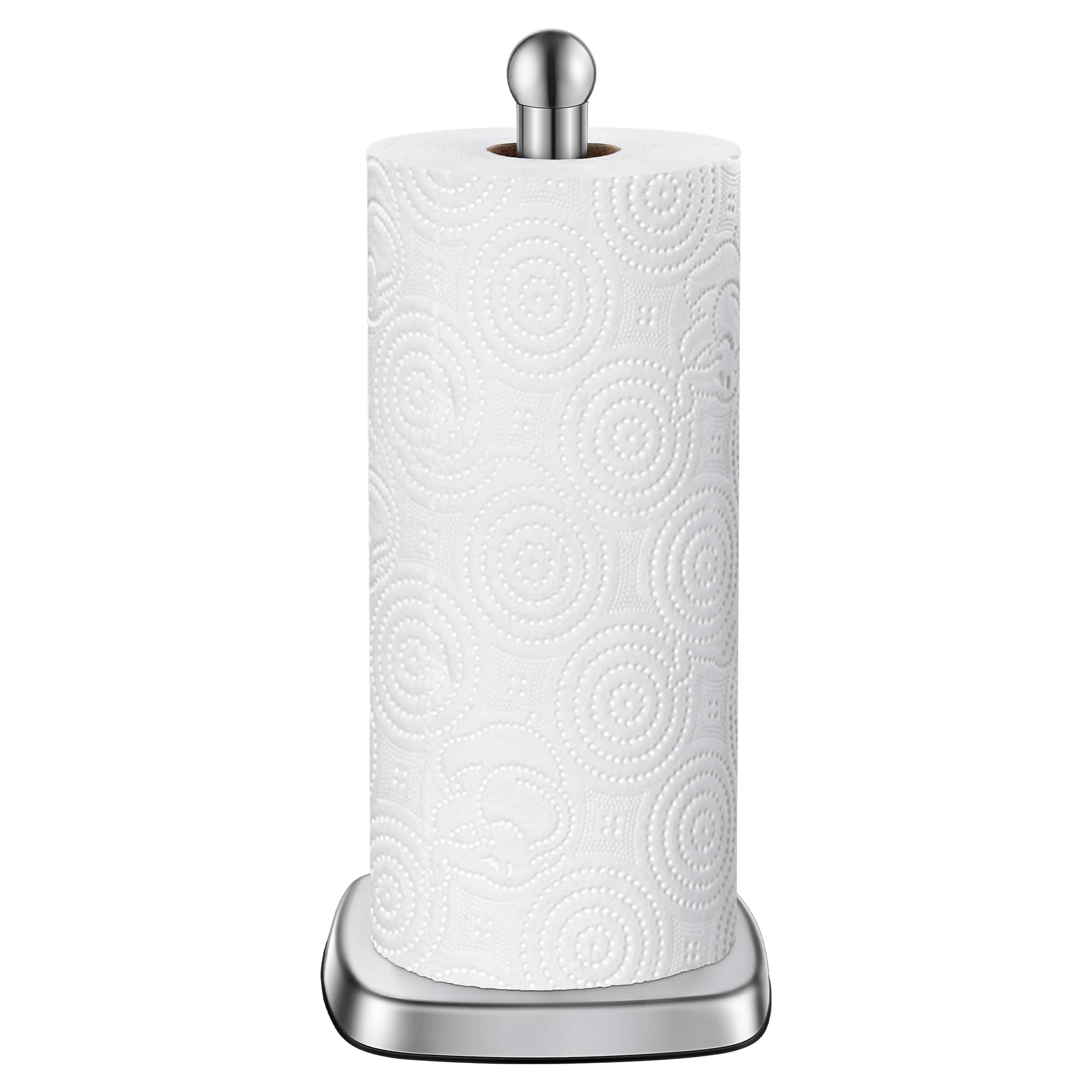 SMARTAKE Paper Towel Holder for Countertop, Standing Kitchen Roll Holder with Suction Cups, Non-Slip Paper Towel Stand, Stainless Steel, Weighted Base, for Kitchen Bathroom, Square Base (Silver)