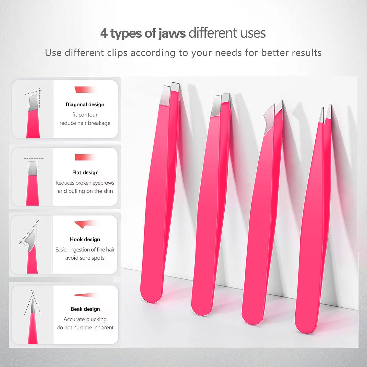 Tweezers Set, High Precision Stainless Steel Eyebrow Tweezers for Facial Hair, Inward Growing Hair and Splinter Remover Kit, Suitable for Women and Men, 4-Piece Set. (pink)