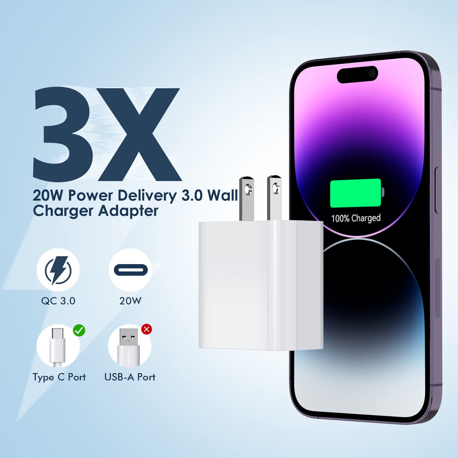 iPhone 16/15 Fast Charger Block,【3Pack】 20W USB C Wall Charger Block Super Fast Charging Block Plug Blocks PD Type C Adapter for iPhone 16 Pro Max/iPhone 15 Plus/14/13/12/11/AirPods/iPad Pro/Air/Mini