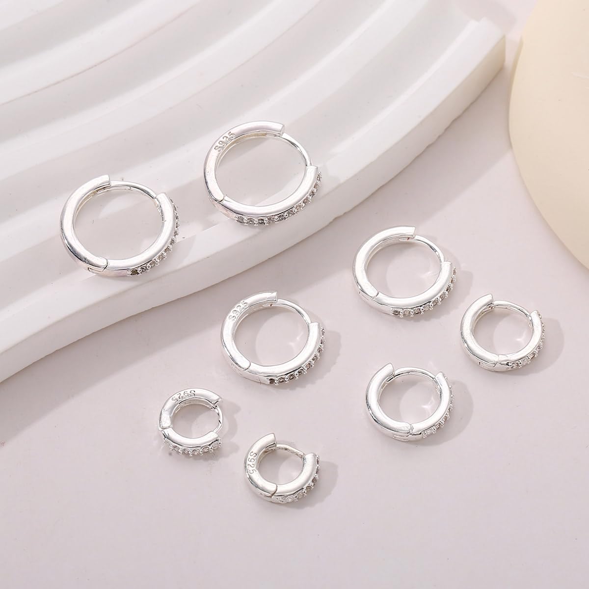 FENBORY 4 Pcs Small Silver Hoop Earrings Set Lightweight Cubic Zirconia Cuff Huggie Earrings Mini Hoops Cartilage Earring Multiple Piercing Jewelry Gifts for Women Girls