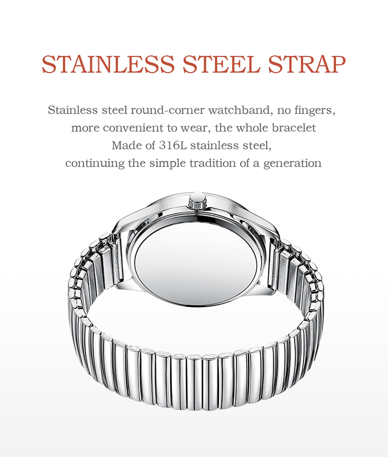 BESTKANG Large Face Easy to Read Stretch Band Watch， Women's Men's Stainless Steel Wrist Watch (Silver2)