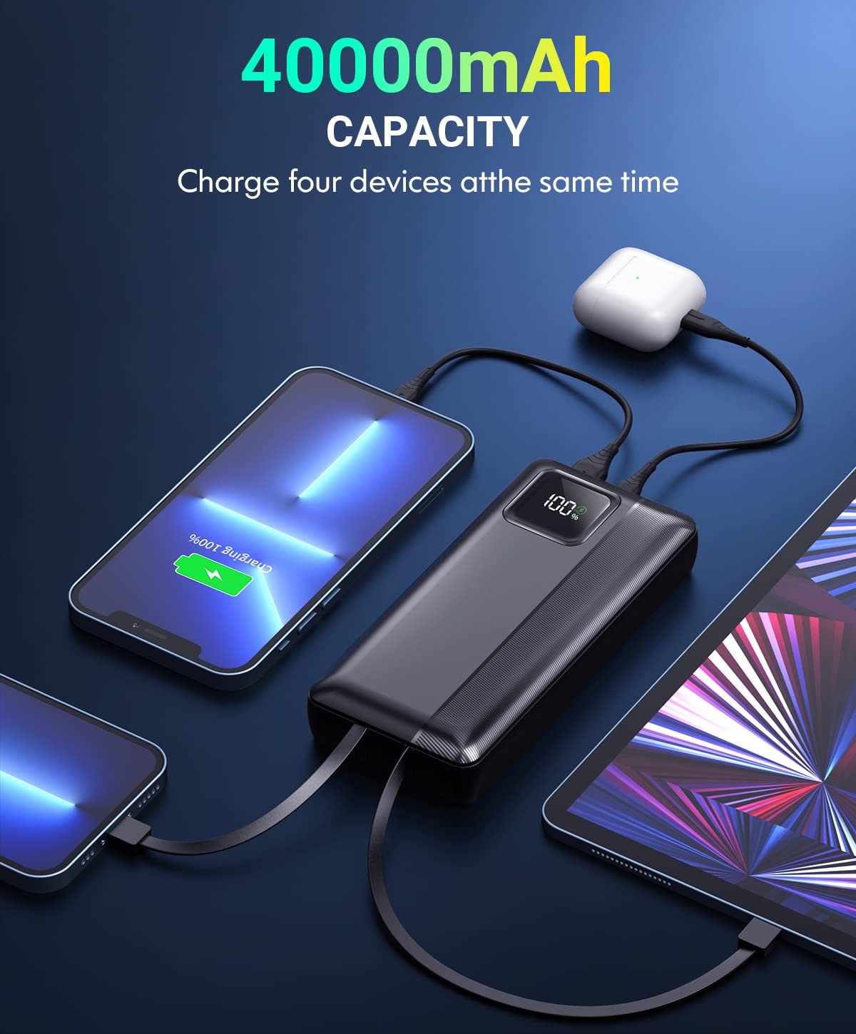 Power-Bank-Portable-Charger - 40000mAh Power Bank Support PD 30W and QC4.0 Fast Charger with Built-in 2 Output Cable and LED Display for iPhone and Android Phones and Most Electronic Devices