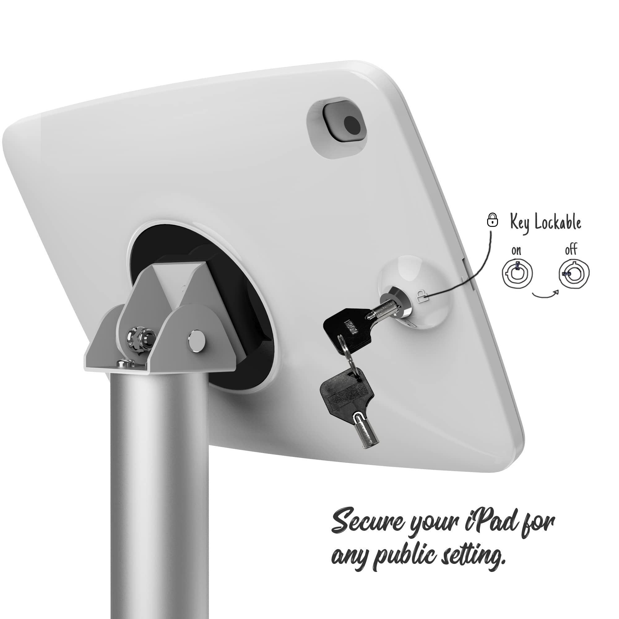 Beelta Tablet Kiosk Floor Stand Adjustable - Compatible with 10.2" iPad 7 8 9th, 120 Degree Rotate Lockable Tablet Enclosure+Aluminum Pole+Metal Base