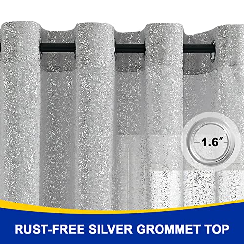 Silver White Sheer Curtains for Bedroom - Metallic Silver Foil Sparkle Sheer Curtains 63 Inch Length, Grommet Sparkle Curtain Panels for Window, 52 x 63 Inch, 2 Panels, Silver White