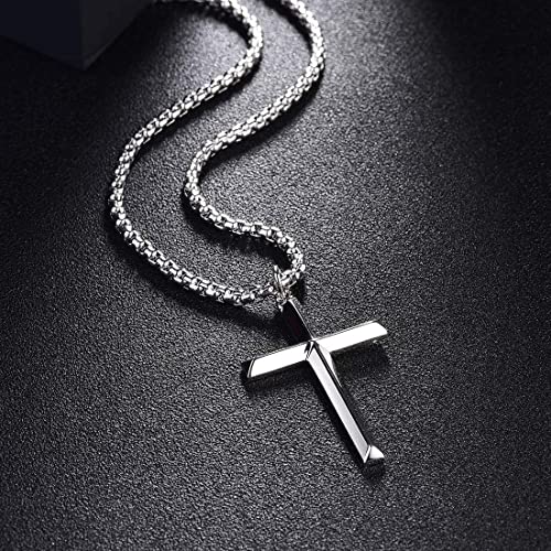 FANCIME White Gold Plated 925 Sterling Silver Edgy Gothic Cross Pendant Necklace With Steel Box Long Chain Christmas Gifts for Him Men, Women 23.6-INCH