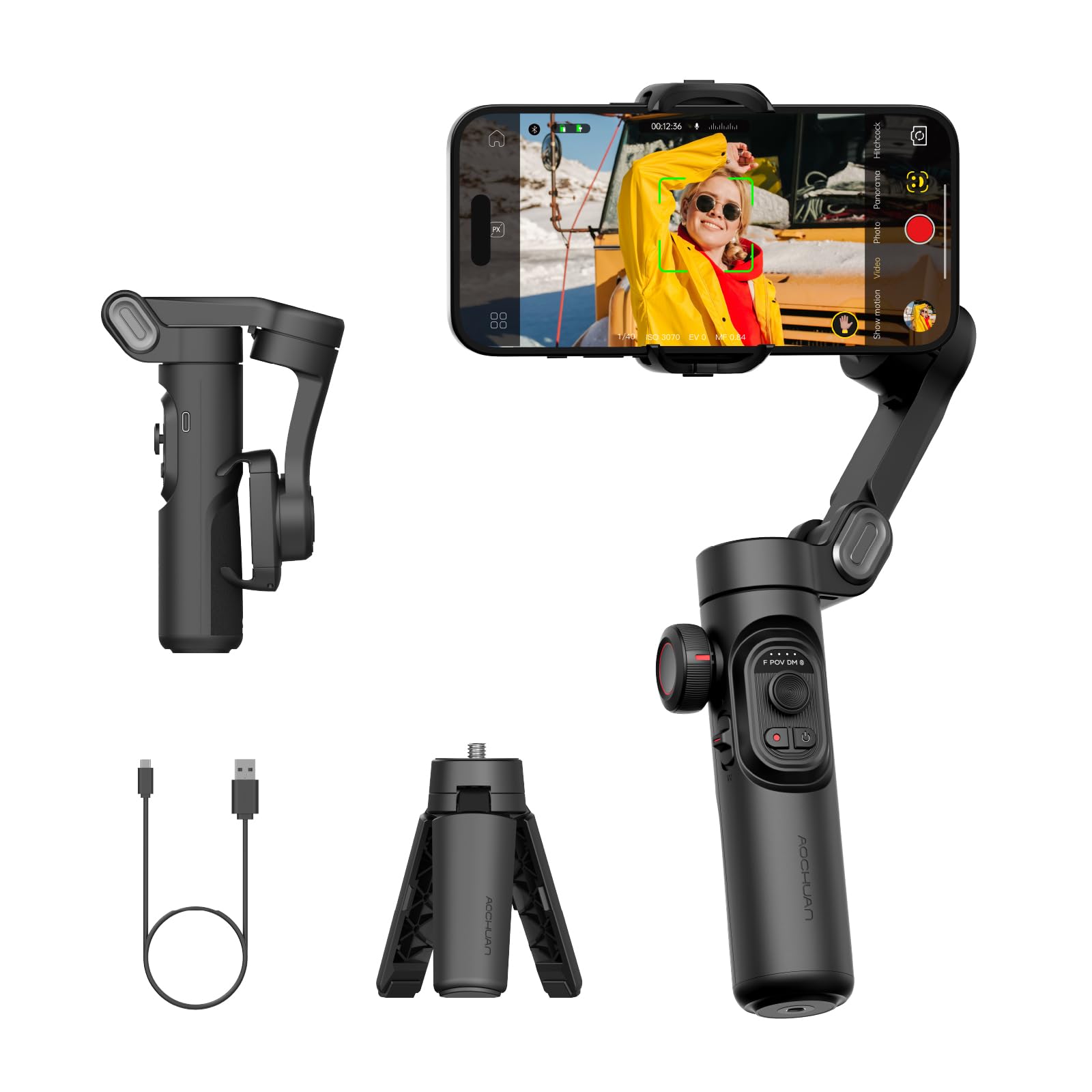 AOCHUAN Gimbal Stabilizer for Smartphone, iPhone Gimbal w/Focus Wheel Face/Object Tracking Gimbal for iPhone 16 15 Pro Max/Android Foldable 3-Axis Handheld Phone Gimbal for Video Recording -Smart XE