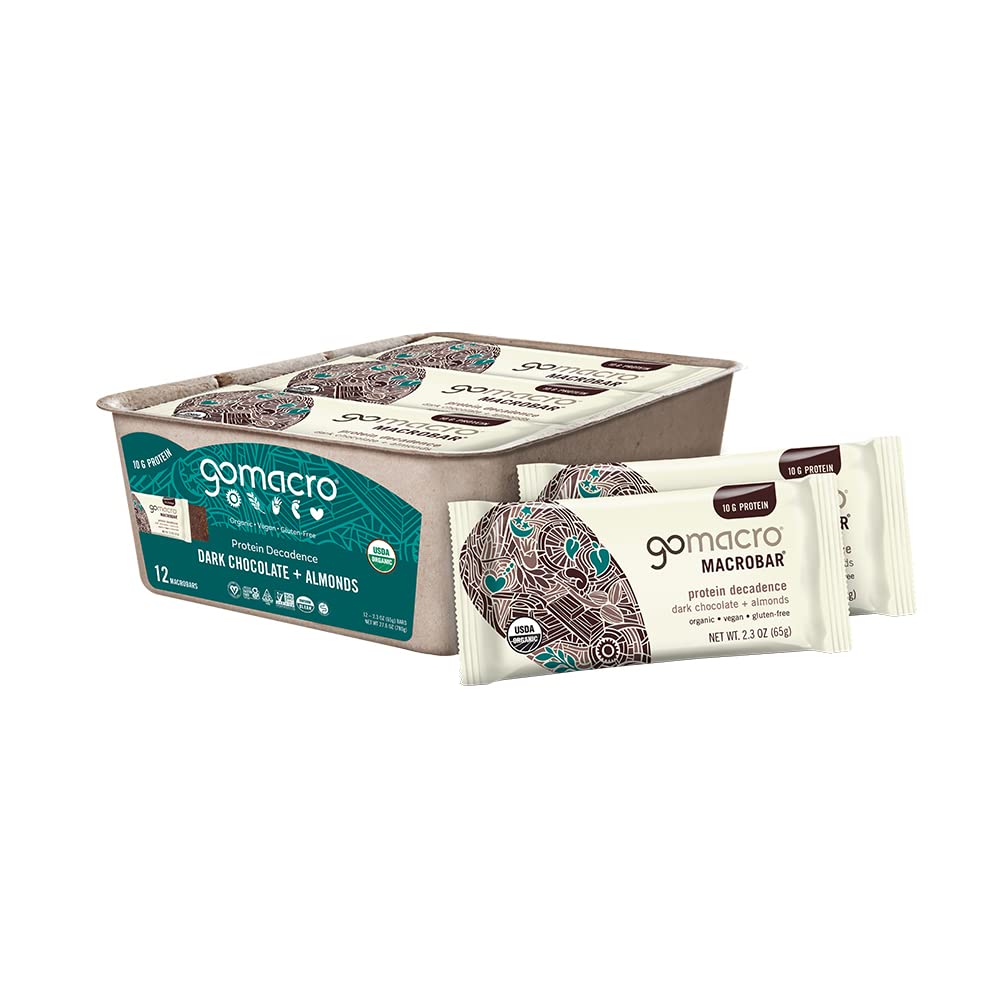 GoMacro MacroBar Organic Vegan Protein Bars - Dark Chocolate + Almonds (2.3 Ounce Bars, 12 Count)