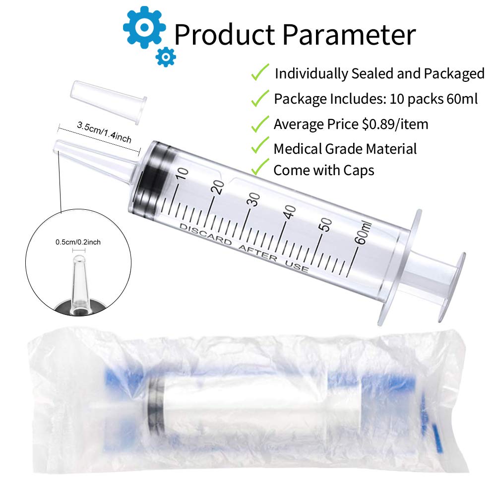 4 Pack 60mL Large Syringe for Liquid with Tip Cap, Individually Sterile Sealed Plastic Liquid Syringes with Measurement for Scientific Labs, Measuring Liquids, Feed Pets, Medical Student, Oil or Glue