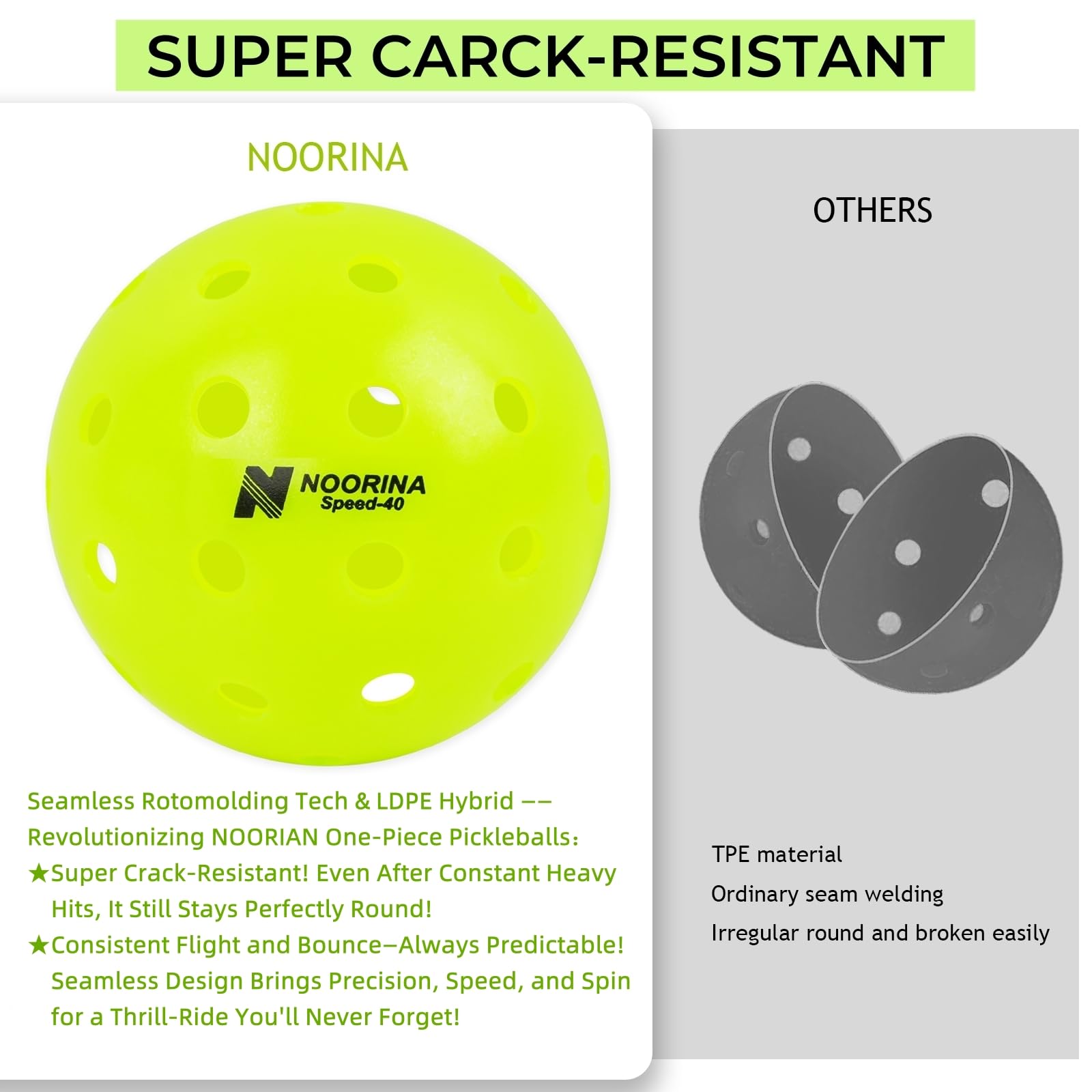 NOORINA Pickleball Balls Outdoor Pickleballs USAPA Approved, NO Crack Seamless Pickleballs, 6 or 12 Pack Pickle Balls with Pickleballs Bag