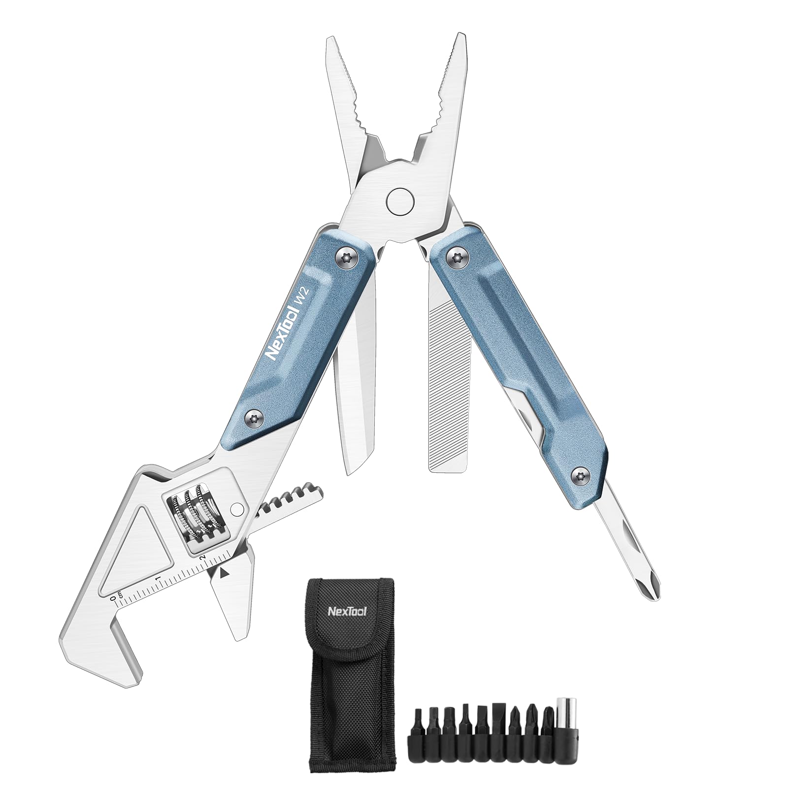 NexTool W2, 8 in 1 Multi Tool with Adjustable Wrench, Multitool Pliers, Pocket Knife, Screwdriver and File, Multi-Tool with 9 in 1 Bits Set and Nylon Sheath for Cycling Maintenancen, Household Repairs