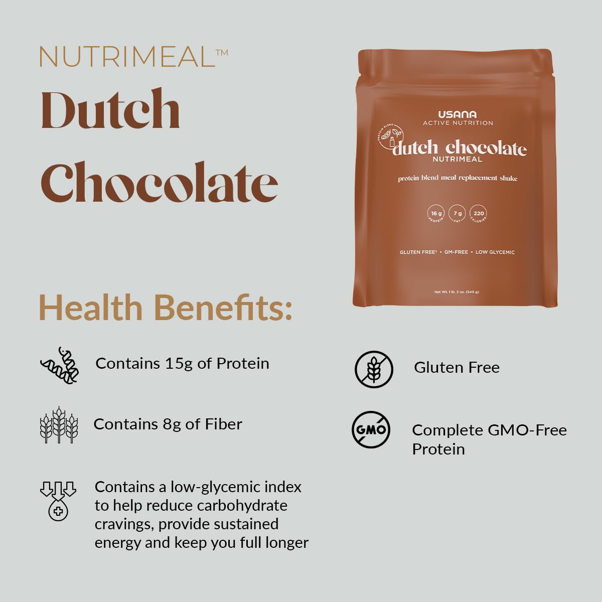 USANA Nutrimeal Meal Replacement Shake - Dutch Chocolate - Non-GMO - Gluten Free - Low Glycemic - 540 Grams - 9 Servings