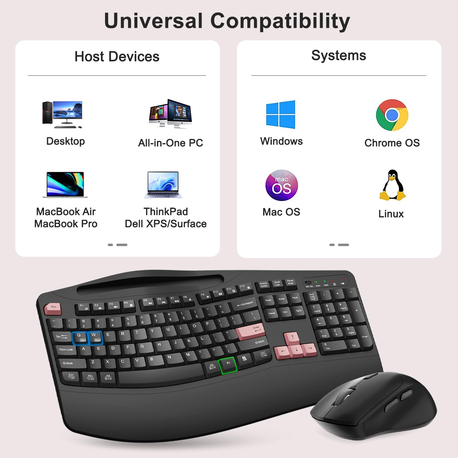 Wireless Keyboard and Mouse Combo, 2.4G Full Size Wave Keys Ergonomic Keyboard with Wrist Rest, Phone Holder, 3-Level DPI Wireless Silent Mouse with 6-Buttons, for Windows (Pink)
