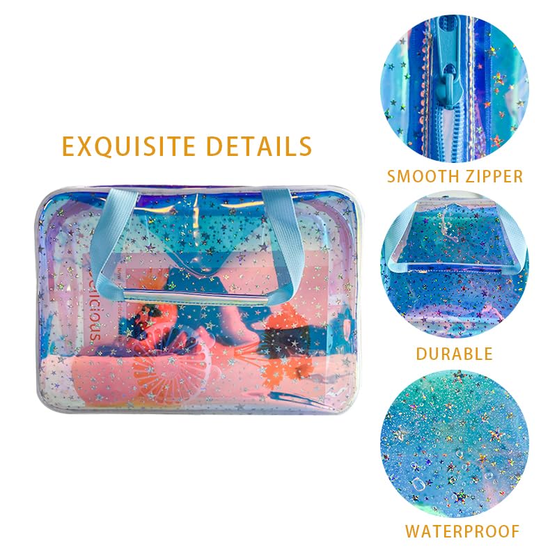 ONEART Clear TPU Cosmetic Bag Toiletry Makeup Artist Bag, Waterproof Multifunction Travel Toiletry Bag with Zipper Handle, Holographic Star Tote Bag Blue