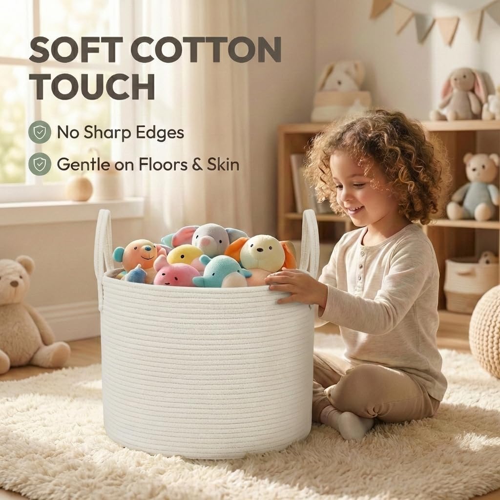 JMvicyroam 65L Extra Large Blanket Basket for Living Room - Woven Cotton Rope Laundry Hamper with Reinforced Handles - Storage Bin for Pillows, Comforters & Toys - Machine Washable,White
