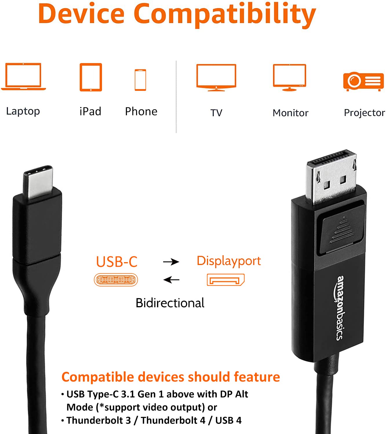 Amazon Basics Bi-Directional USB-C to DisplayPort Cable, 3-Foot, Black