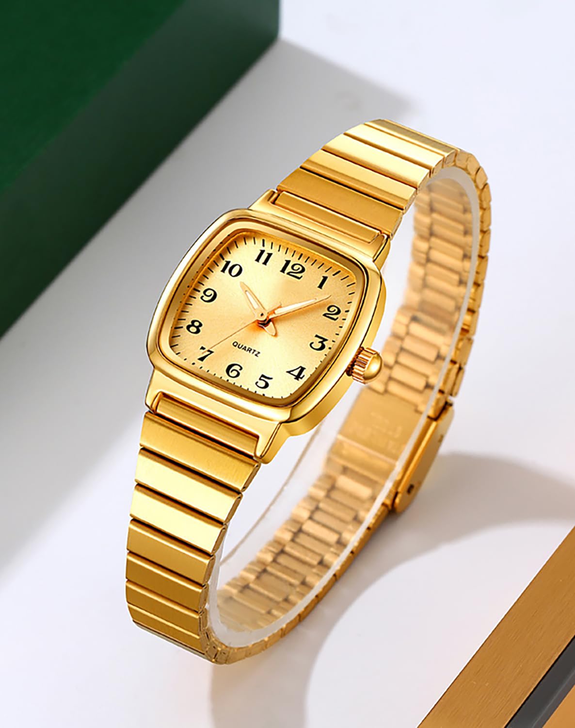 BESTKANG Fashion Women's Watches Waterproof Watch Easy to Read Stainless Steel Strap Quartz Square Watches for Women (Gold 1)