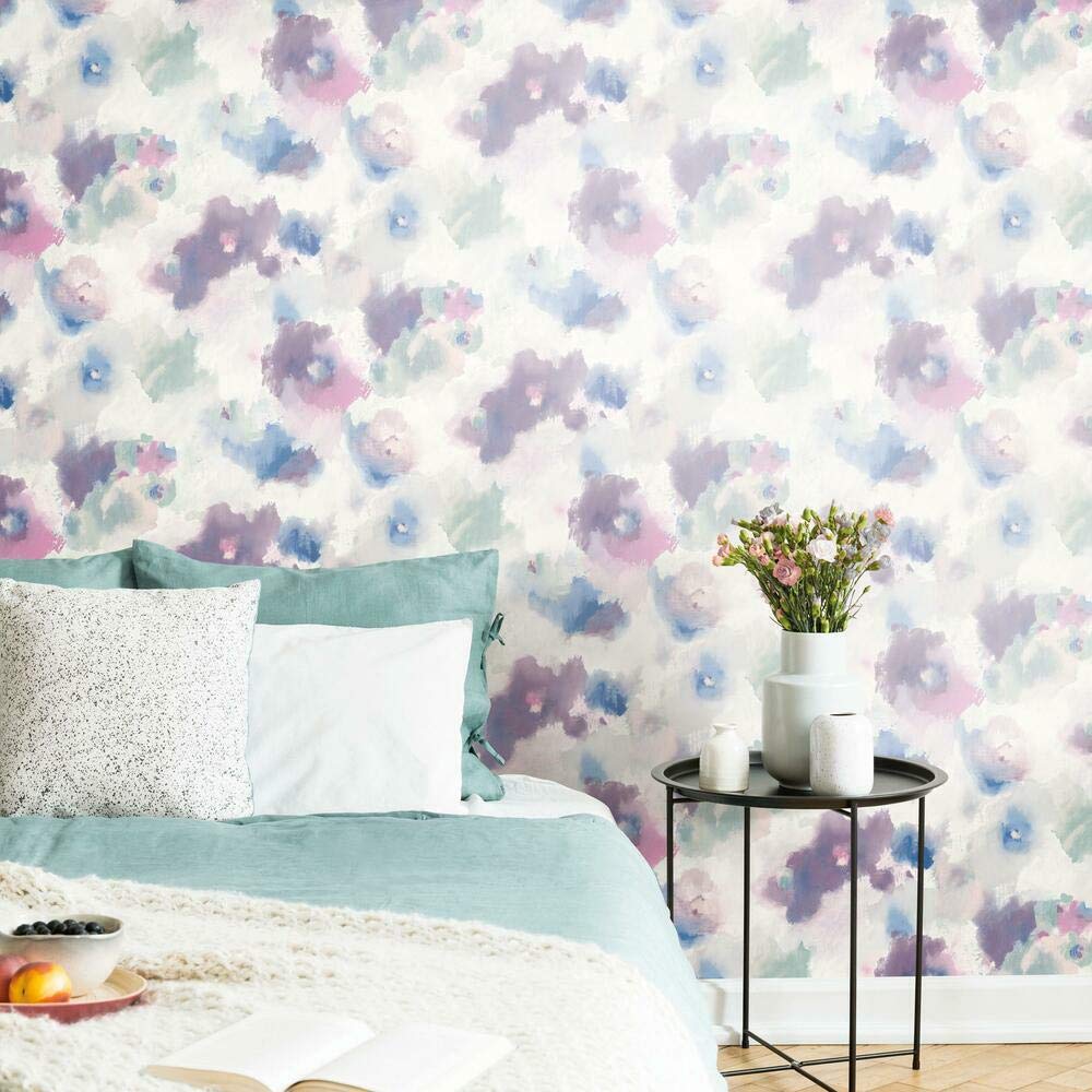 RoomMates RMK11079WP Impressionist Pink and Blue Floral Peel and Stick Wallpaper, 20.5" x 16.6 feet