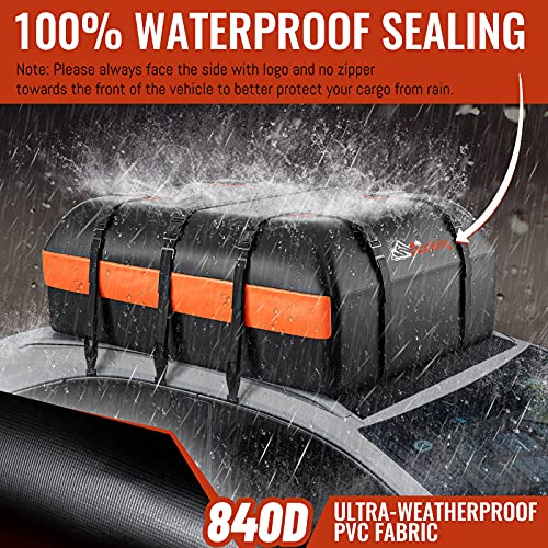 Car Rooftop Cargo Carrier Bag, 15 Cubic Feet Waterproof Heavy Duty 840D Car Roof Bag for All Vehicle with/Without Racks - Anti-Slip Mat, 6 Door Hooks, Storage Bag, 2 Extra Straps, Luggage Lock