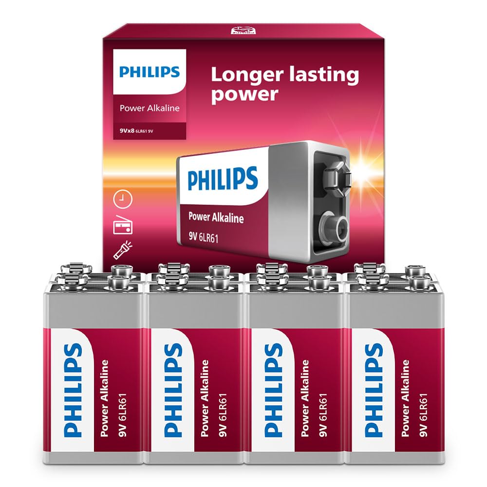 PHILIPS 9 Volt Battery, (8-Count) Power Alkaline 9v Batteries for Smoke Detector, Long Lasting Power Up to 10 Years in Storage, 9v Battery Leak Proof Design, All Purpose Rectangle Batteries.