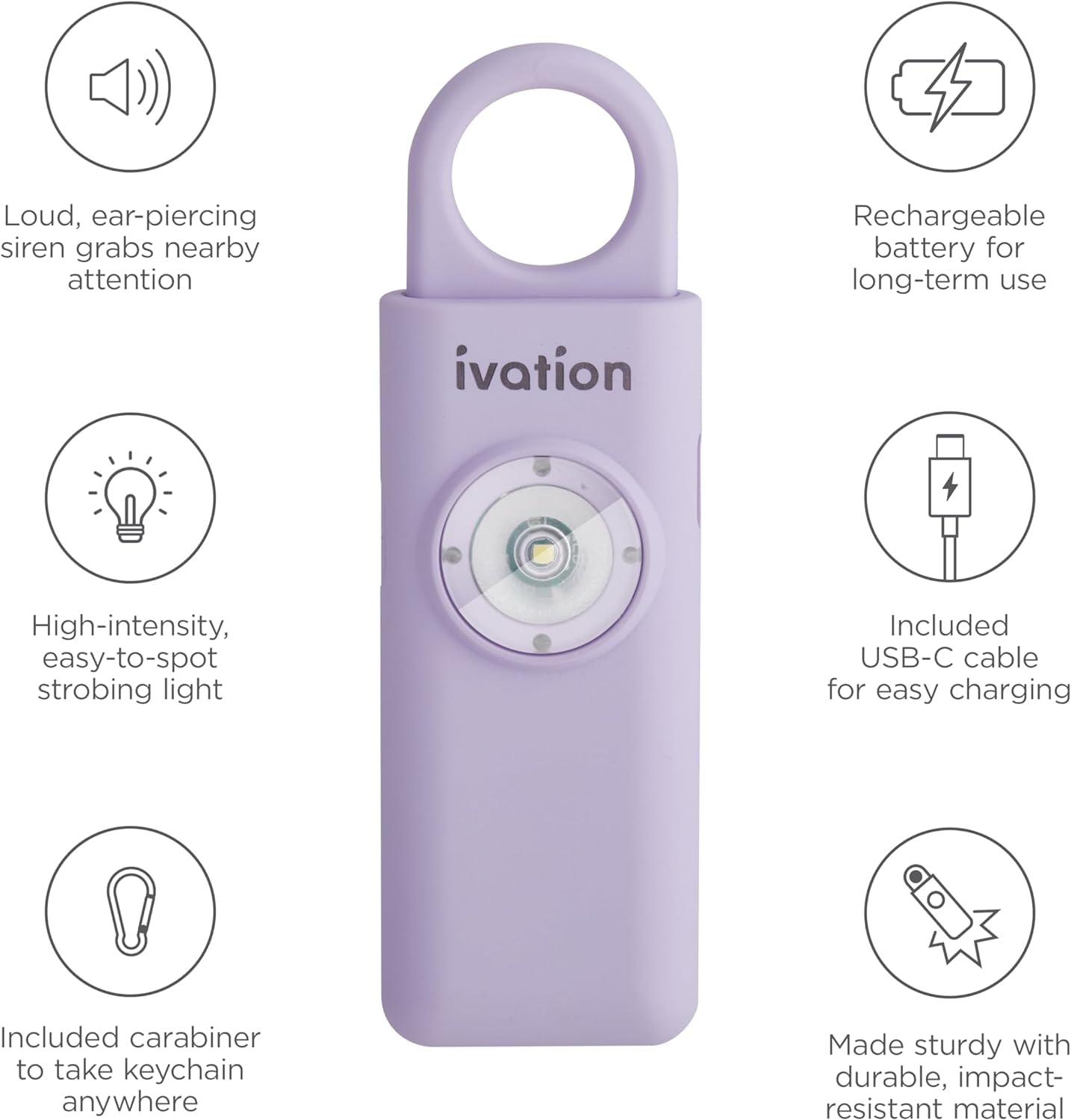 Ivation Personal Rechargeable SOS Alarm, Pocket Size Loud 130dB Sound Safety Siren & LED Panic Strobe Light with Carabiner Keychain Clip for Women, Children & Seniors, Lavender