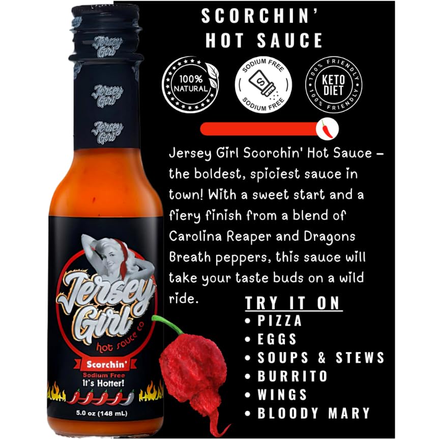 Jersey Girl Hot Sauce Co Scorchin' Hot Sauce - Made with Carolina Reaper & Dragon's Breath Peppers/2 of the Hottest Peppers in the World - All Natural, A Sodium/Salt Free Condiment - 5 Oz Bottle