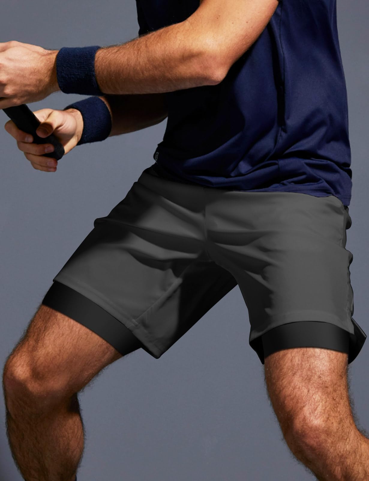 Aolesy Men’s 2 in 1 Running Shorts 7 Inch Quick Dry Workout Gym Shorts with Pockets Tennis Training Athletic Shorts with Liner for Men Dark Grey