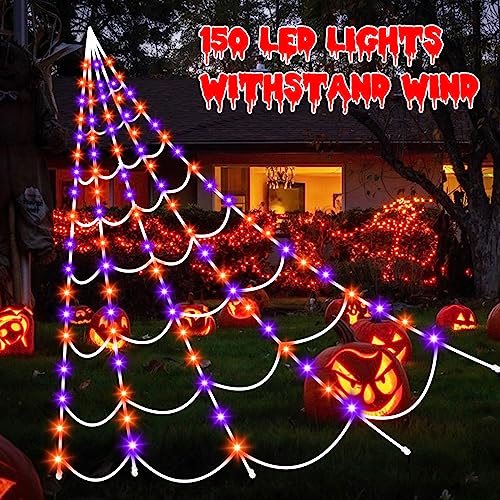 Aitbay Halloween Decorations Outdoor Spiders Web Lights: 150 Purple & Orange LED Light Decor, 17.4Ft Giant Spiderweb with 8 Lighting Modes Waterproof & Timer, Yard Spider Web Decoration