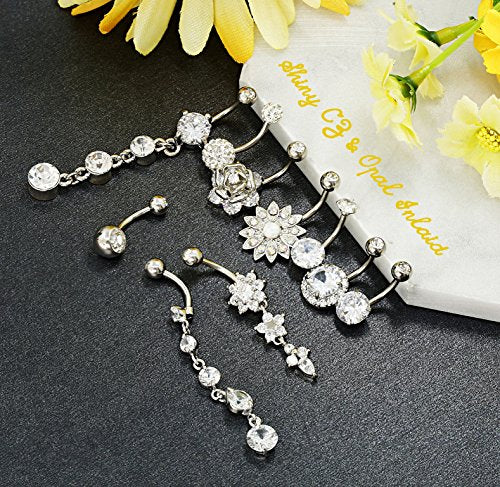JOERICA 3Pcs 14G 316L Stainless Steel Belly Button Rings for Women Flower CZ Dangle Belly Button Rings Navel Piercing Jewelry