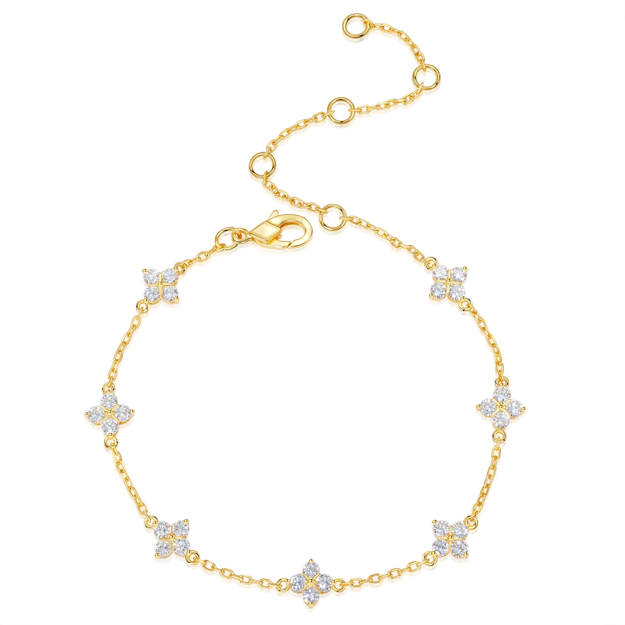 Lab Grown Diamond Bracelets for Women, 1.4 CT 18K White/Yellow Gold Over 925 Sterling Silver Four Leaf Clover Bracelet, D Color VS1 Clarity Diamond Adjustable Bracelets for Birthday Valentines Gifts