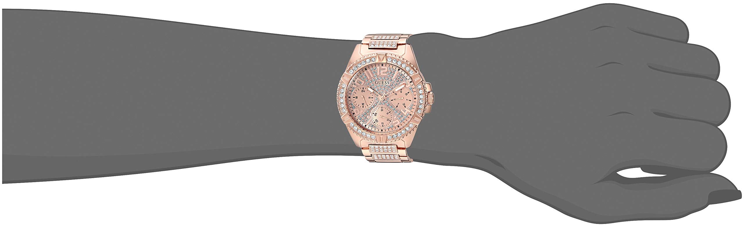 GUESS Rose Gold-Tone Stainless Steel Crystal Watch with Day, Date + 24 Hour Military/Int'l Time. Color: Rose Gold-Tone (Model: U1156L3)