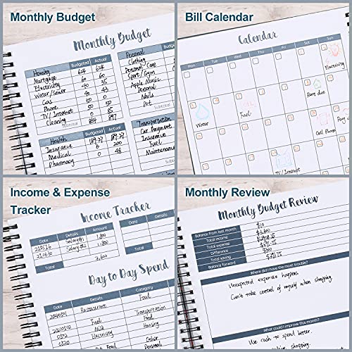 Soligt Budget Planner 2024, Monthly Budget Book Bill Organizer with 12 Pockets, Undated Home Finance Money Expense Saving Debt Tracker Notebook, 1 Year, Blue Floral, Spiral Design