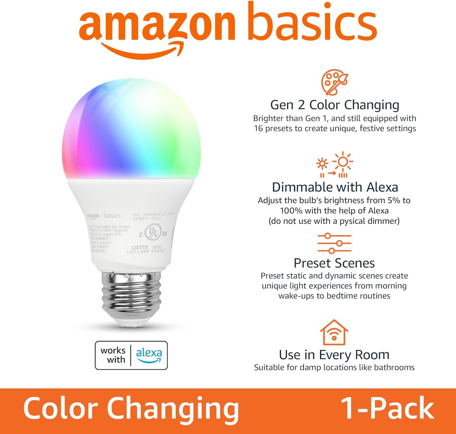 Amazon Basics Smart A19 LED Light Bulb, Color Changing, 9W (60W Equivalent), 800LM, Works with Alexa Only, 2.4 GHz Wi-Fi, No Hub Required, 1 Pack