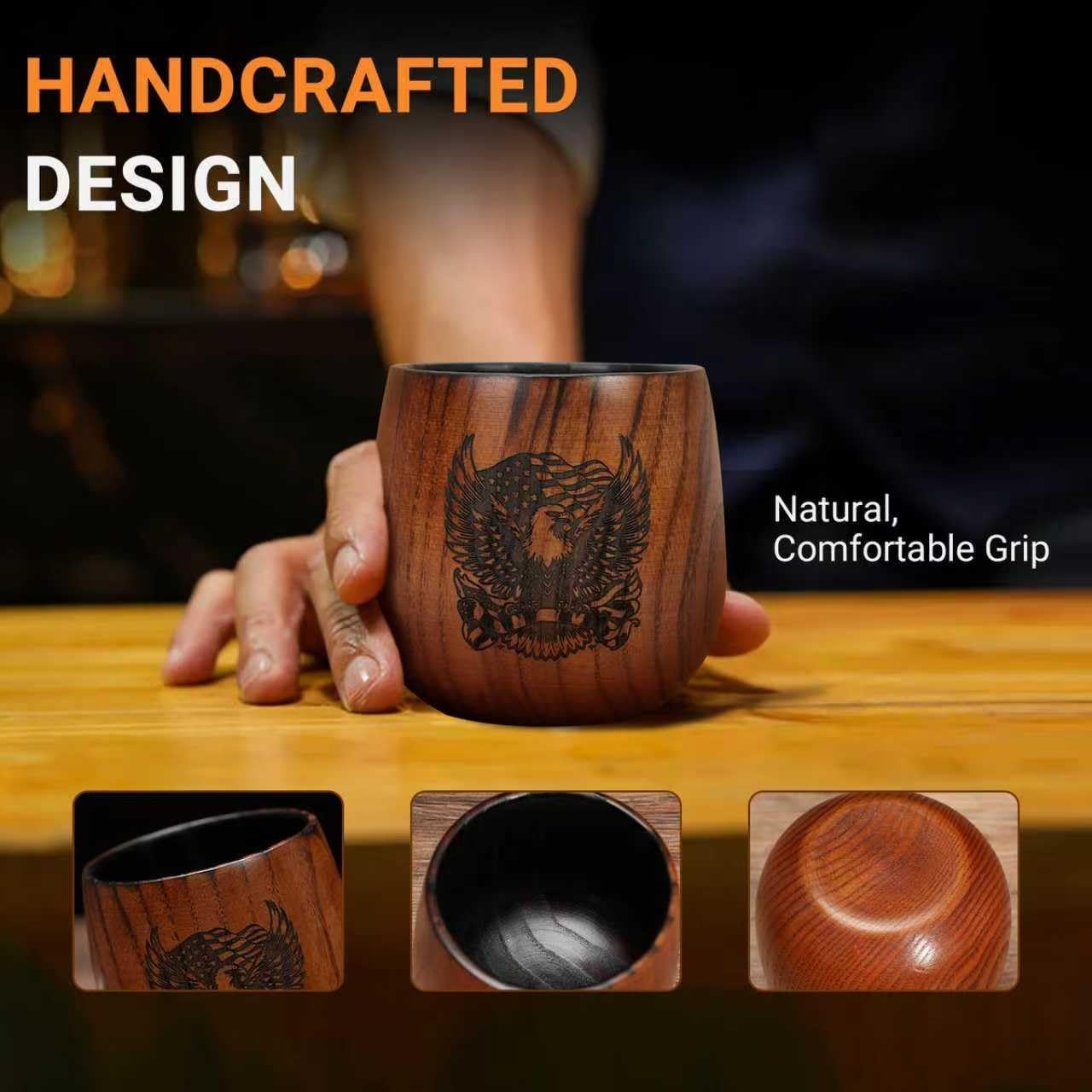 Wooden Whiskey Glass – Wooden Bourbon Drinking Glass with Eagle Design – Solid Wood Whiskey Cup – Old Fashioned Glasses Set of 2 – Birthday, Retirement, Weddings, Anniversaries Gift for Men Women