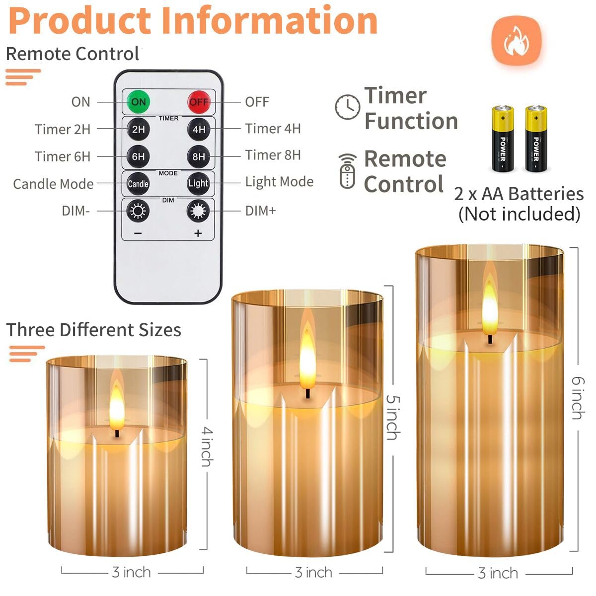 Gold Glass Flameless Candles Flickering with Remote, Timer, Battery Operated Moving Wick Realistic Warm Light Real Wax LED Candles for Party, Wedding, Festival Tabletop Decoration - Set of 3