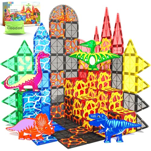 Dinosaur Toys Magnetic Tiles Lava Dinosaur World Set - Kids Games for 3+ Year Old Boys & Girls, Magnetic Blocks for Kids Ages 3-4 5-7 8-13 STEM Preschool Learning Montessori Toddler Toys