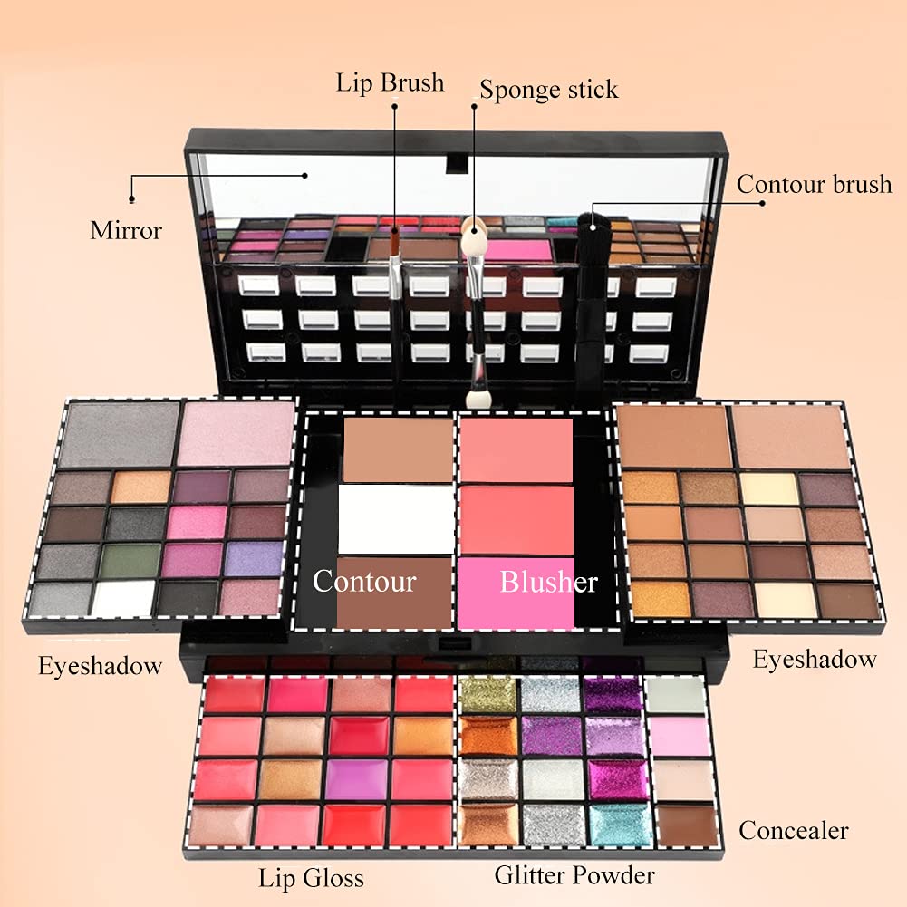 Makeup Kit for Women Full Kit including 36 Eyeshadow Makeup,16 Lip Gloss,12 Glitter Cream, 4 Concealer, 3 Blusher,1 Bronzer, 2 Highlight and Contour - All in One Makeup Kit 74 Colors