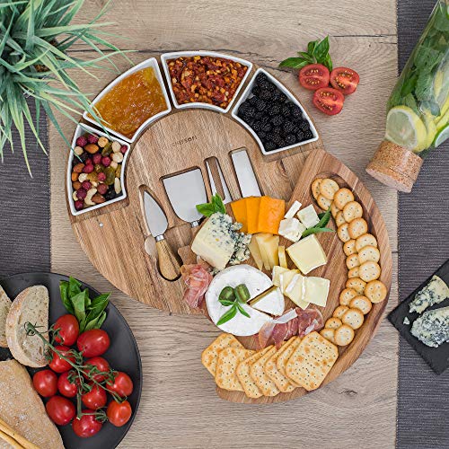 Charcuterie Cheese Board and Platter Set - Made from Acacia Wood - US Patented 13 inch Cheese Cutting Board and Knife for Entertaining and Serving - 4 Knives and 4 Bowls