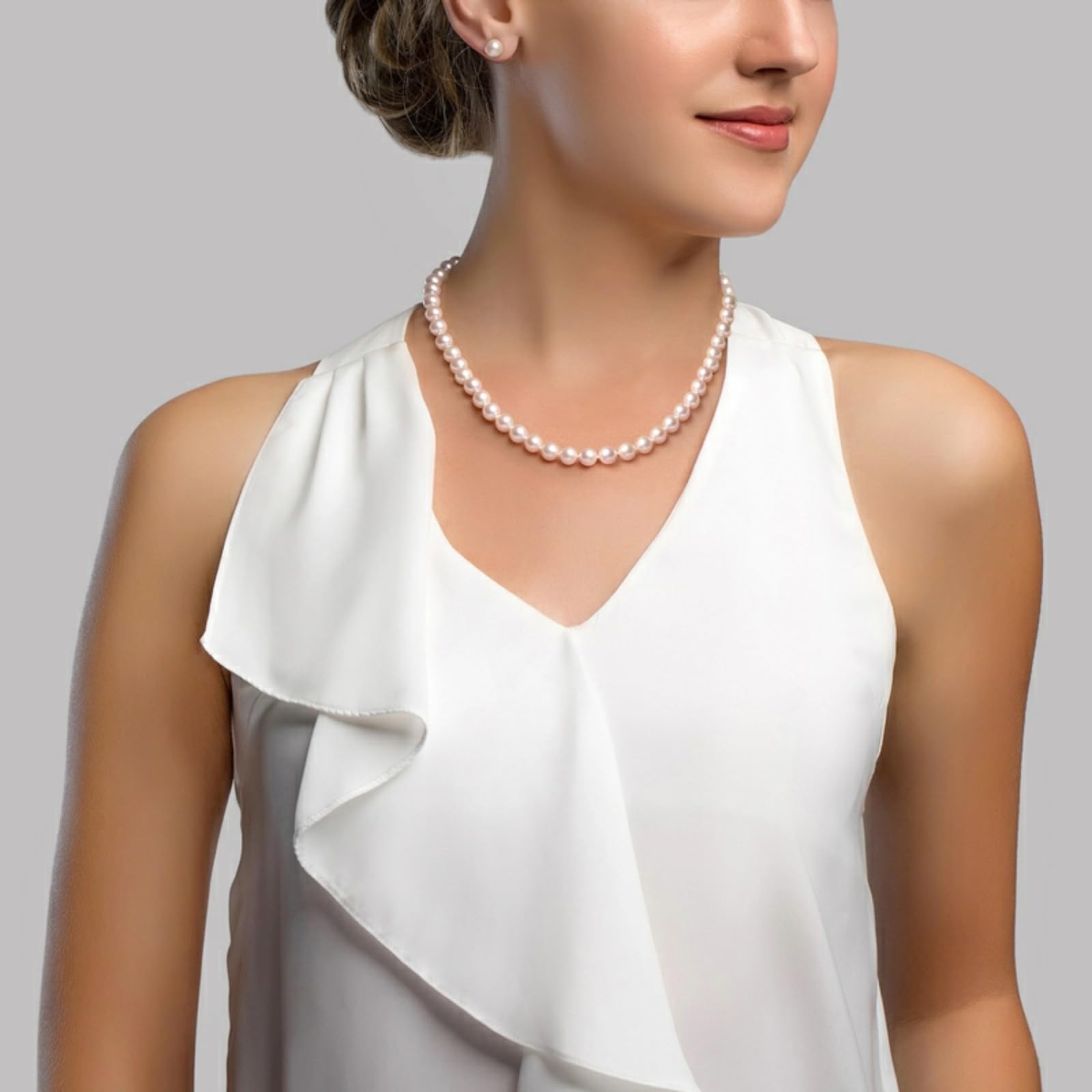 The Pearl Source Real Pearl Necklace for Women with 6.5-7.0mm AAA+ Quality Round White Freshwater Genuine Cultured Pearls | 18 inch Pearl Strand with 14K Gold Clasp