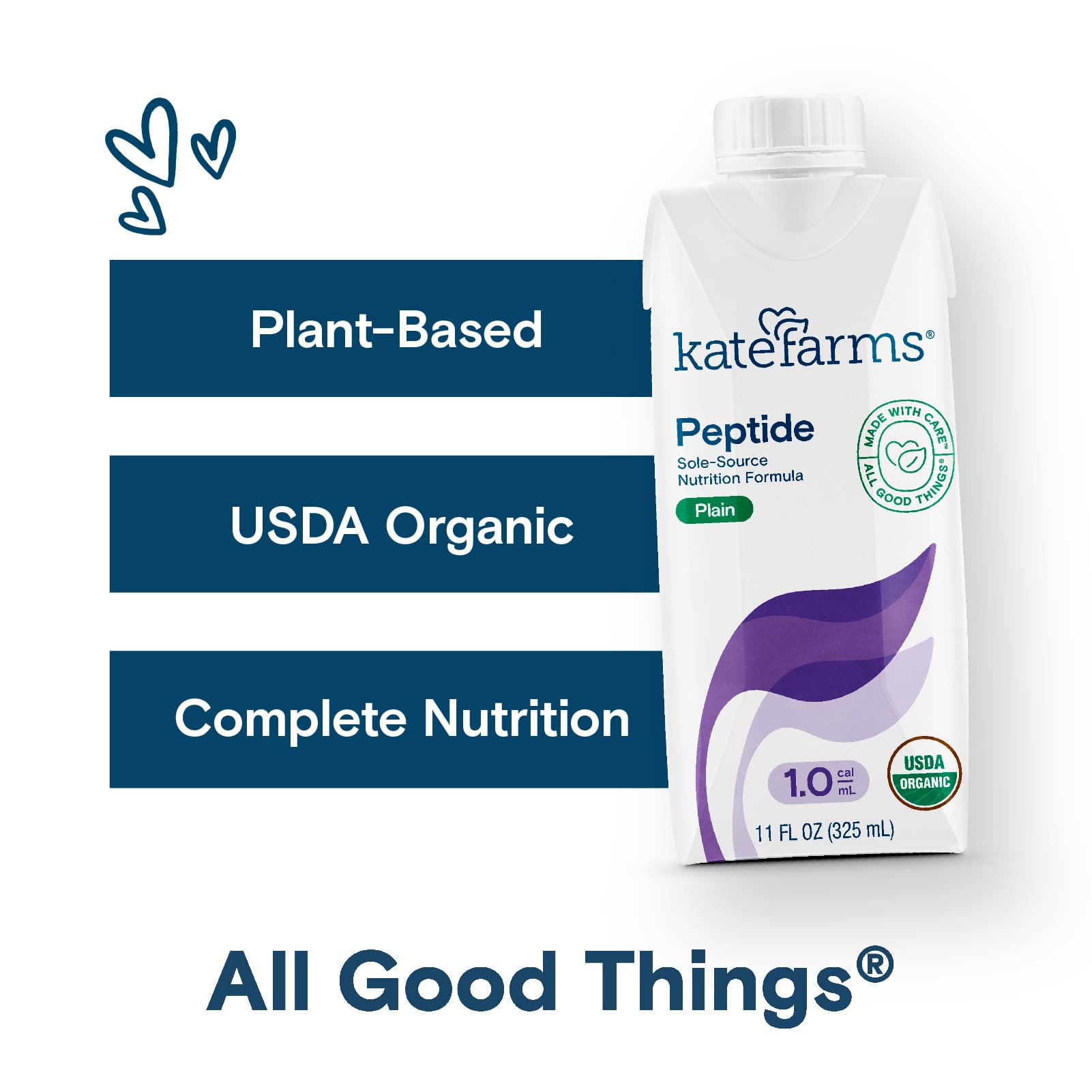 KATE FARMS Organic Adult Peptide 1.0 Formula, Plain, Sole-Source, Hydrolyzed Plant-Based Nutrition for Oral or Tube Feeding, 11 Fl oz (12 Pack)