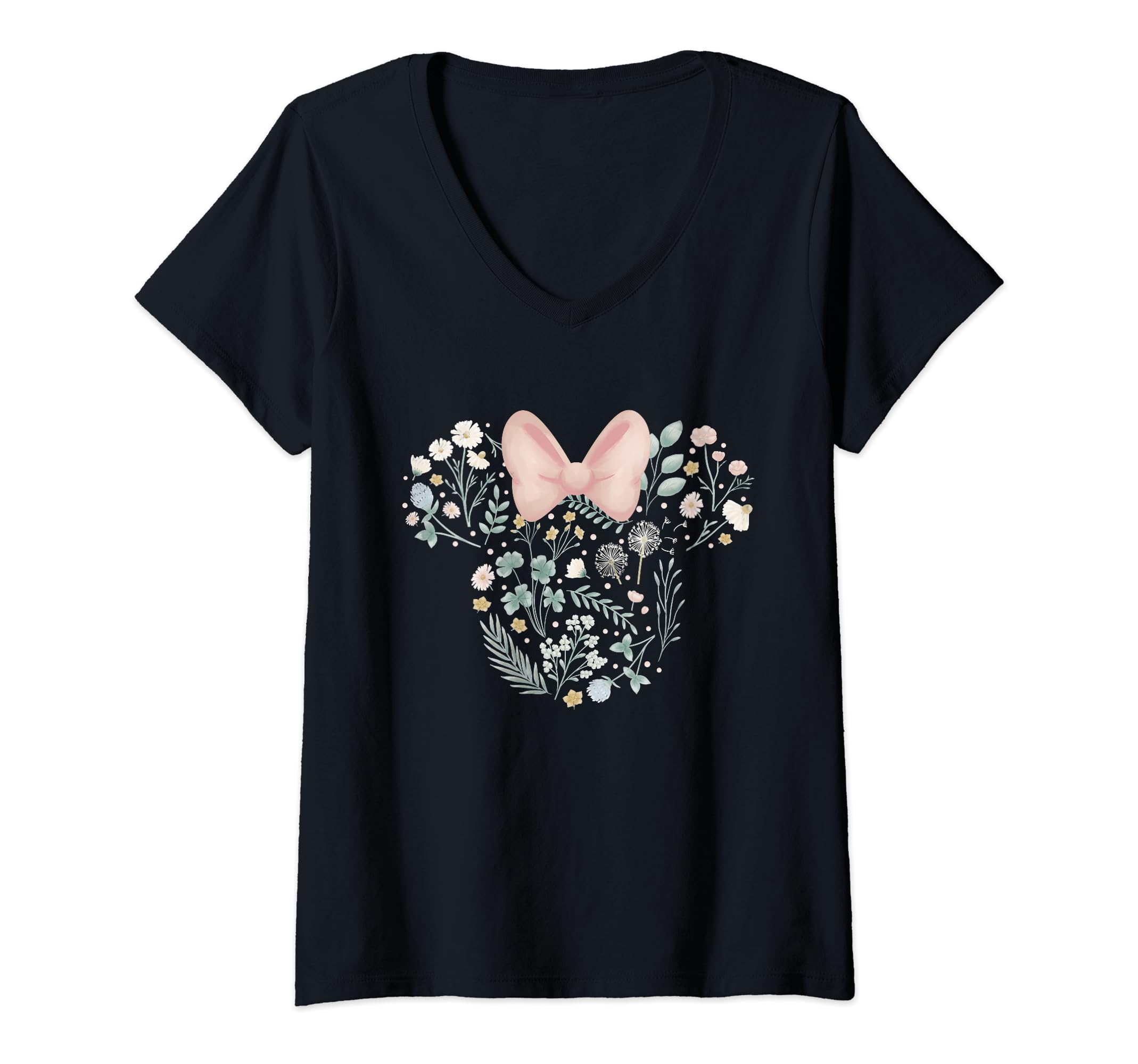 Womens Disney Minnie Mouse Icon Spring Flowers V-Neck T-Shirt