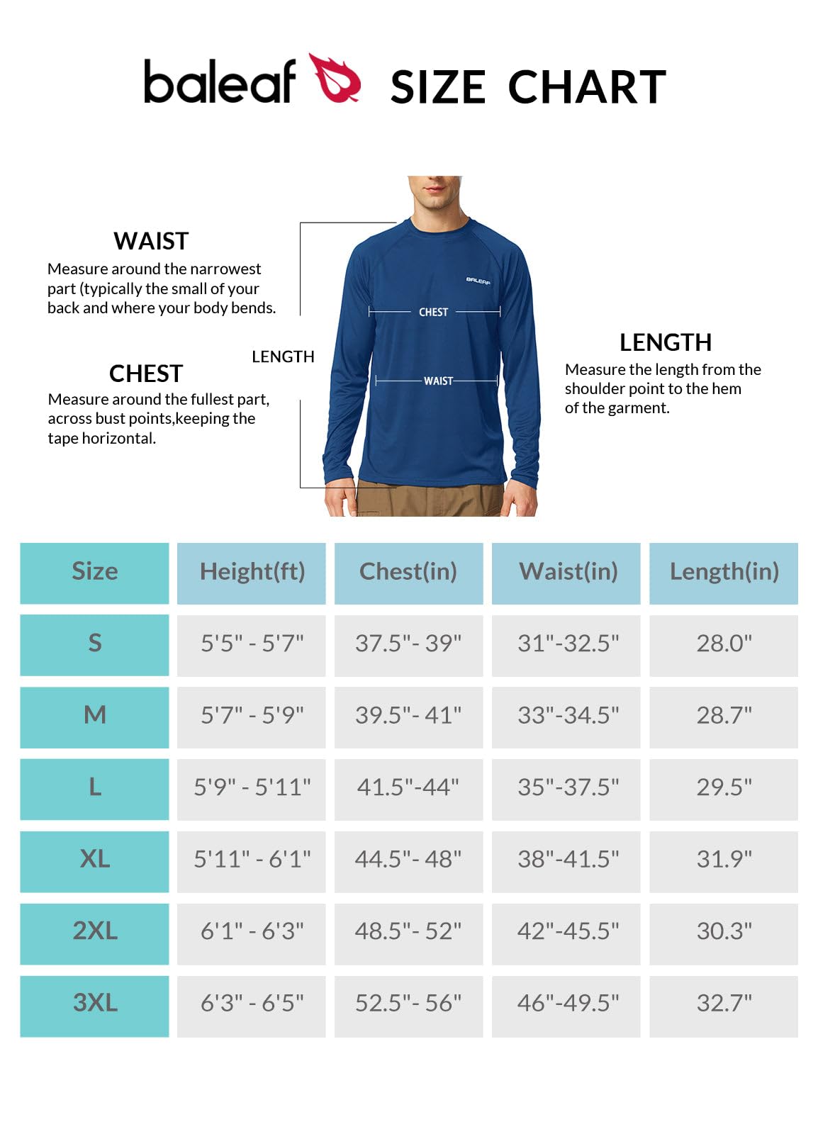 BALEAF Men's Long Sleeve Swim Shirts Rash Guard UV Sun Protection SPF T-Shirts UPF 50+ Quick Dry Swimming Fishing Ocean Blue Size L