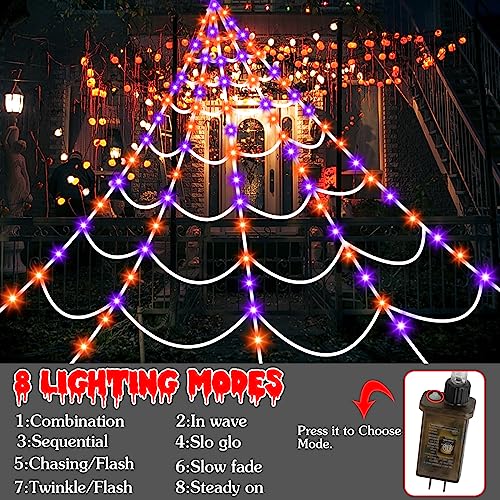 Aitbay Halloween Decorations Outdoor Spiders Web Lights: 150 Purple & Orange LED Light Decor, 17.4Ft Giant Spiderweb with 8 Lighting Modes Waterproof & Timer, Yard Spider Web Decoration