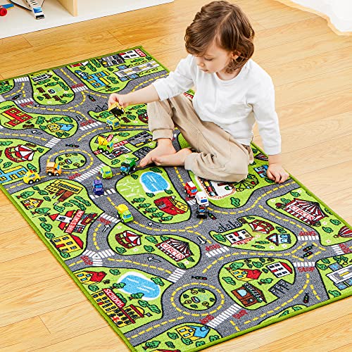 JOYIN Carpet Playmat w/ 12 Cars Pull-Back Vehicle Set for Kids Age 3+, Jumbo Play Room Rug, City Pretend Play