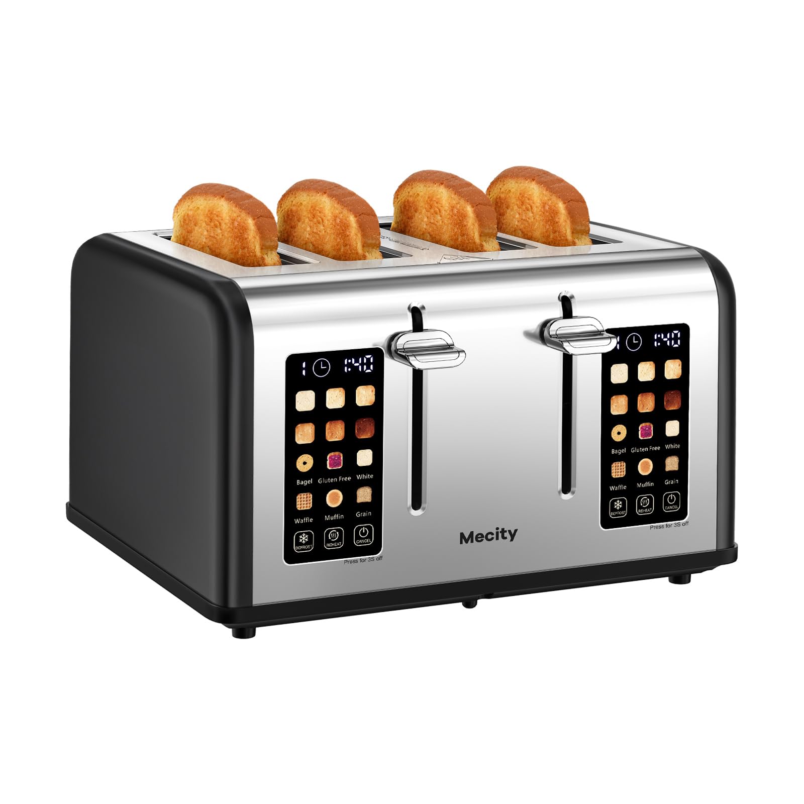 Mecity 4 Slice Toaster Touch Screen Control 4 Wide Slot, Stainless Steel Smart Bread Toaster for Bagel Muffin Waffle, Dual Control Pannel, Timer, Defrost, Reheat, 120V 1650W